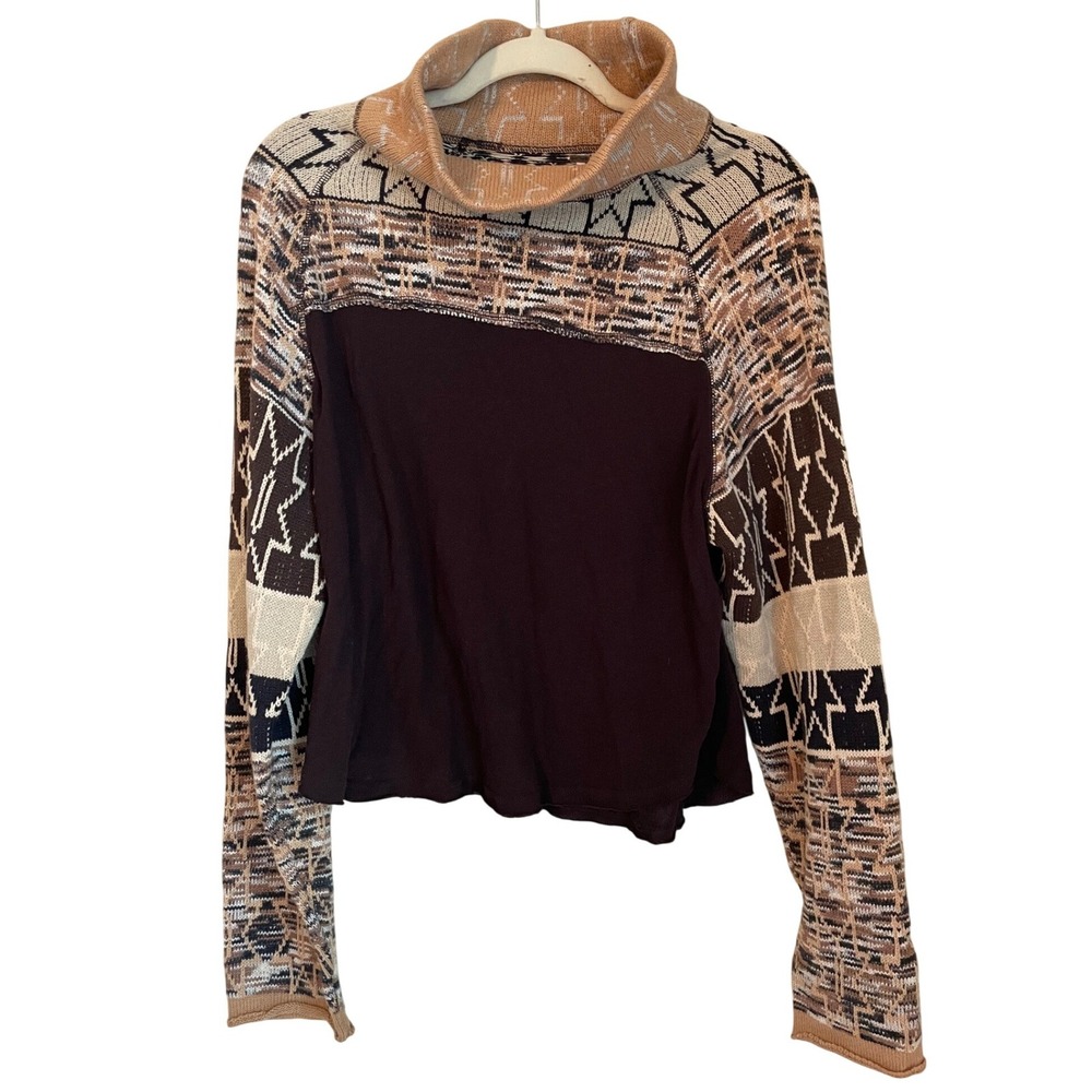 Free People Freestyle Ski Sweater Size XL Brown Fair Isle Mock Neck Mixed Media
